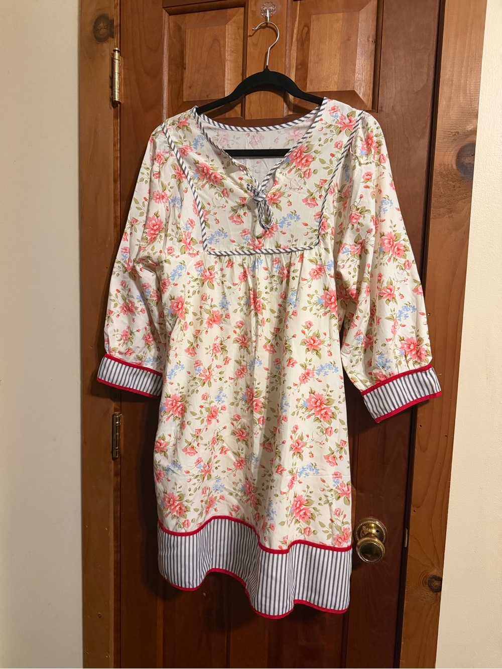 Women’s Floral Cream and Pink Dress with Tie Front and Striped Trim